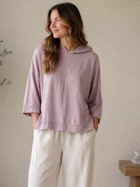 bryn Walker Dusty lavender Hooded Pullover 100% Cotton Small Lagenlook Oversize
